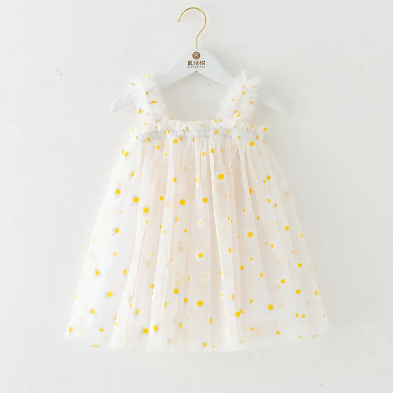Toddler Girls Summer Sling Dress Sleeveless Daisy Print A-Line Tulle Princess Dress Kids Birthday Party Skirt Cute Baby Clothes