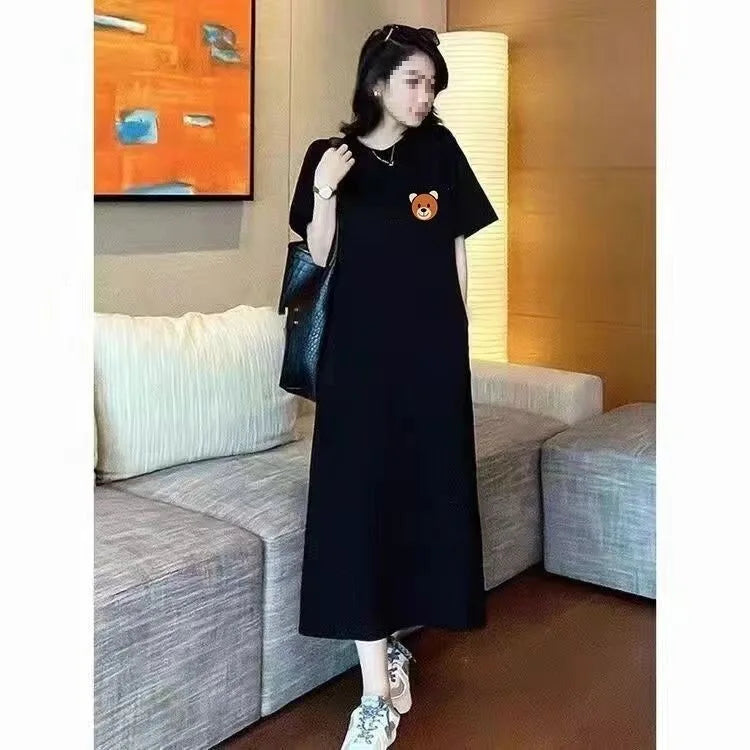 plus Size Long Knee-Length Summer Dress Women's Short Sleeve round Neck Loose Fit Knitted Fabric Straight Cut Casual Style
