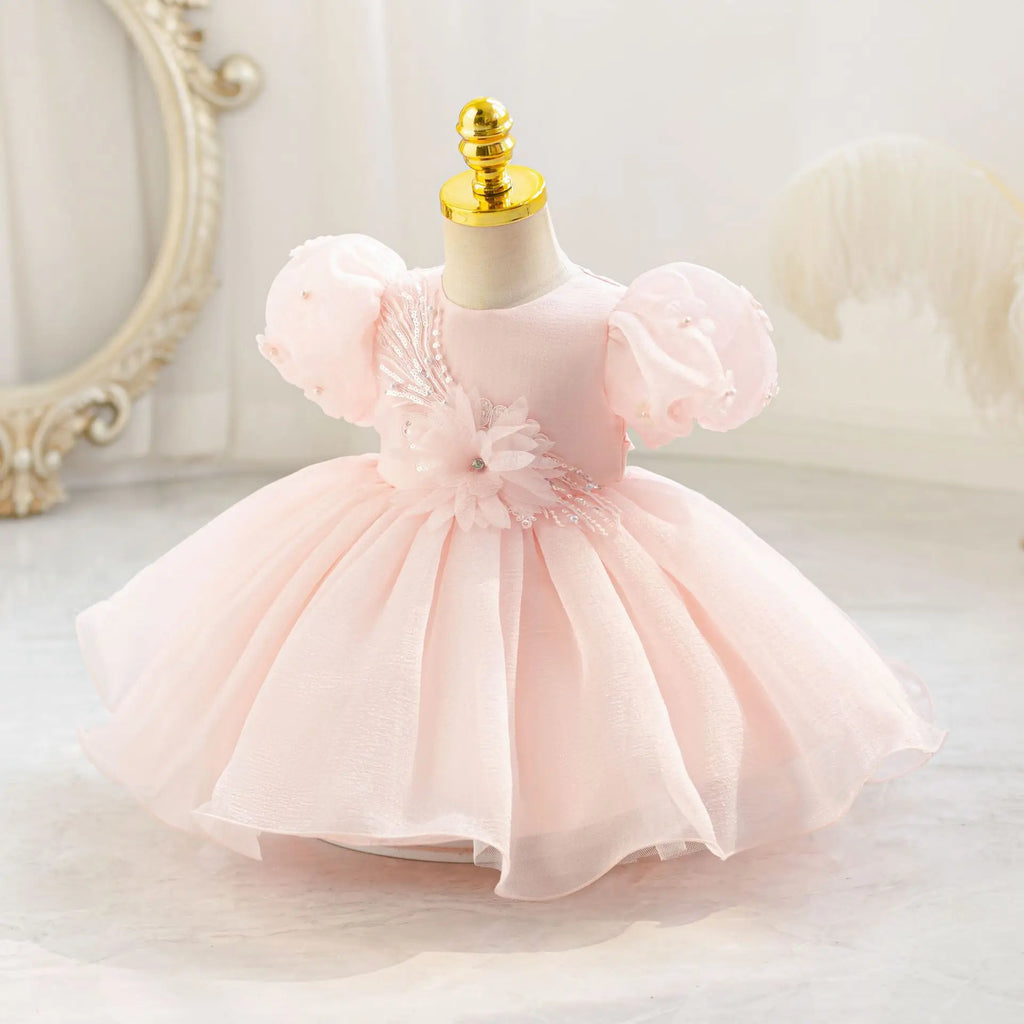 Summer Pearls Bow Baby Girl Dress Pink First Birthday Princess Wedding Kids Party Dresses Tutu Girl Bridesmaids Evening Gown