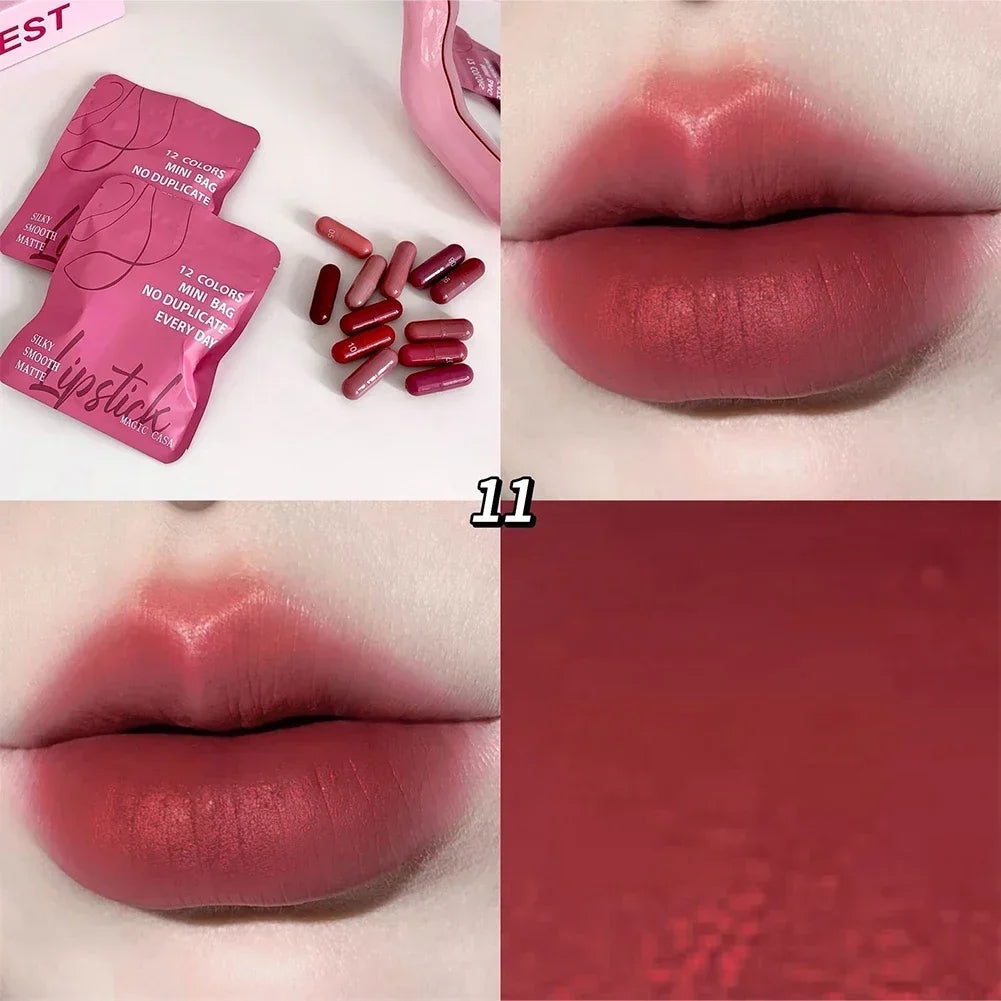 Matte Lipstick Capsule Set 12 Colors Long Lasting Non Fading Perfect Women Gift for Festival Makeup Lip Balm