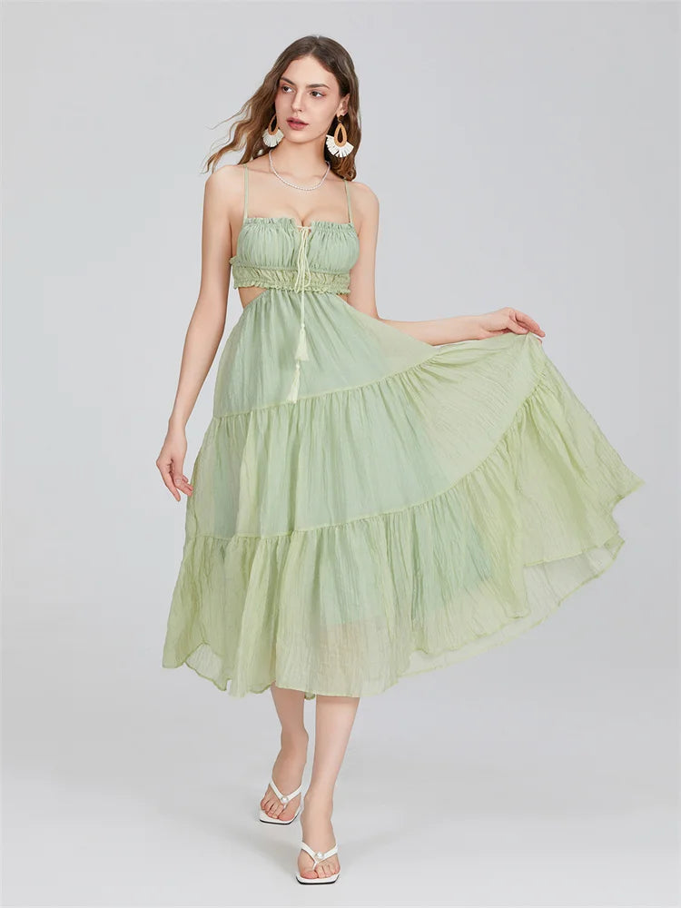 2024 Summer Women Flowy Long Dress Spaghetti Strap Cut Out Backless Ruffle A-line Dress Bohemian Party Holiday Casual Sundress