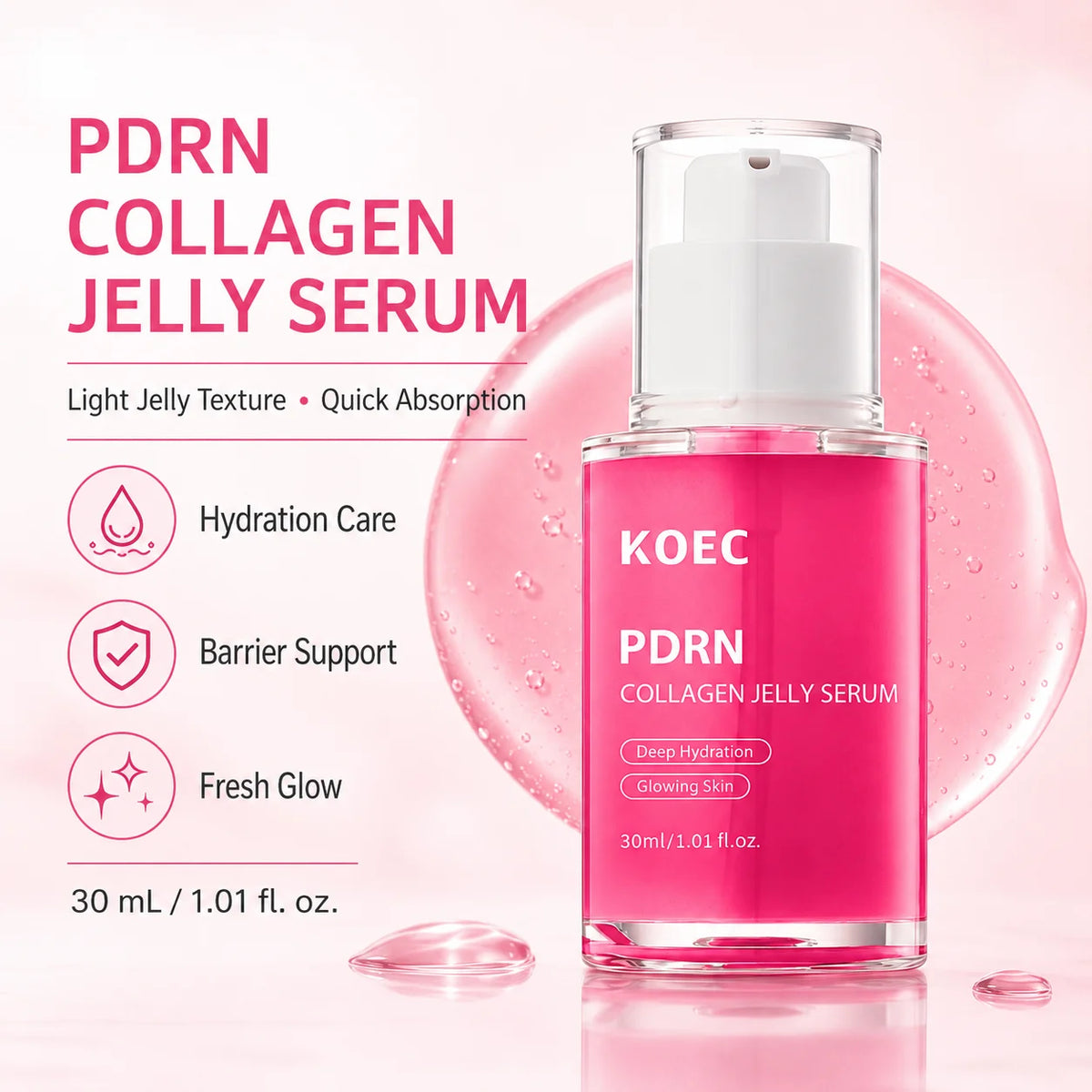 KOEC PDRN Collagen Glow Jelly Serum | Lightweight Water-Jelly For Radiant Glow & Firming | Soothing Moisturizing Care with Salmon DNA PDRN, Collagen, Niacinamide | Korean Skin Care 1.01 fl.oz