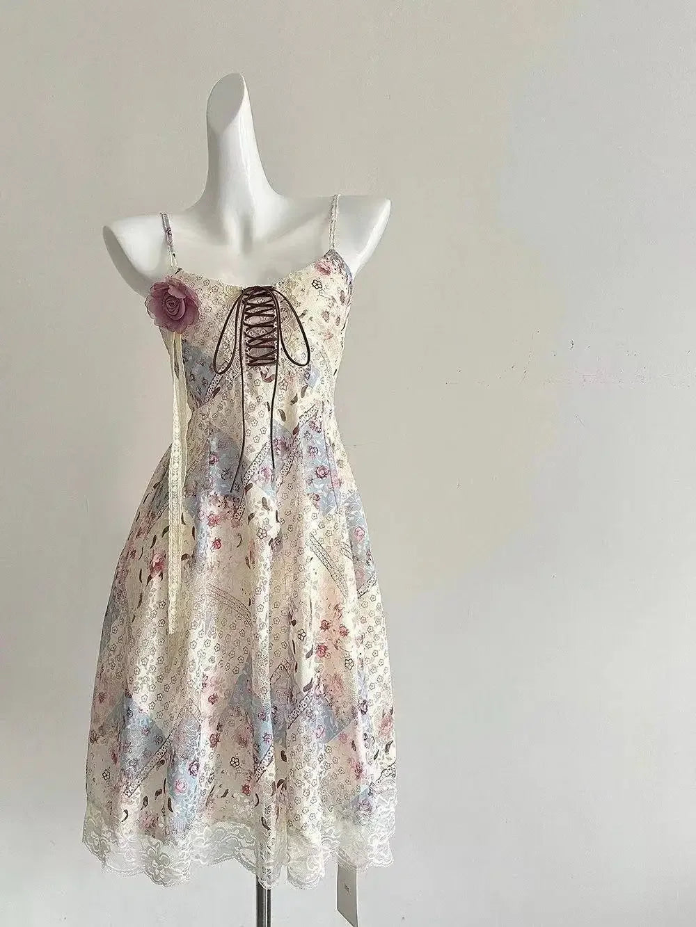 Harajuku Sleeveless Patchwork Vintage Dress Chic 2026 Woman Japanese Sweet Lace Flower Y2k Aesthetic Bandage Grunge Dresses