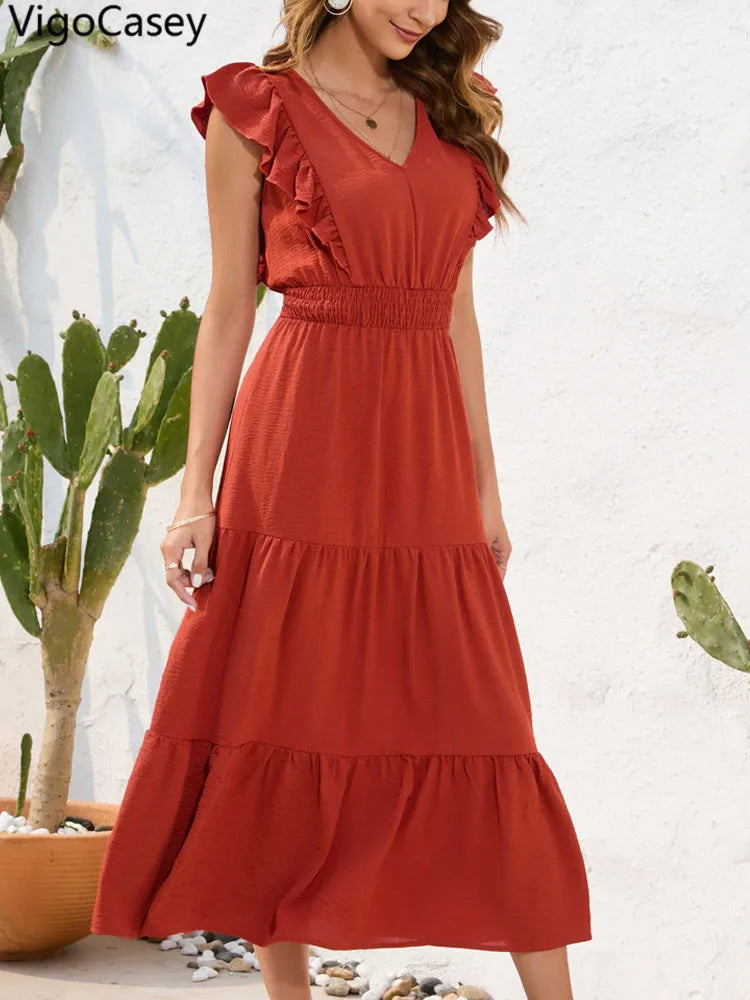 VigoCasey 2026 Summer Female Solid Long Dress Women Sexy Ruffle Sleeveless V Neck Long Dress Lady Casual High Waist Dresses