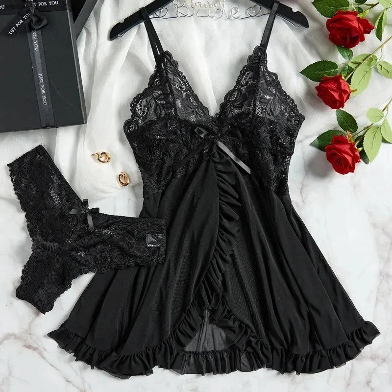 Women's Lace Sleepwear Set – Soft V Neck Nightdress & Slip Dress