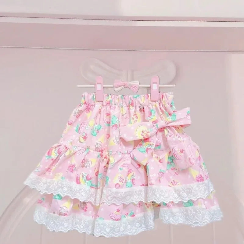 Summer Kawaii Cake Pattern Short Skirt Japanese Sweet Lolita Lace Splice Pleated Skirt Y2k High Waist A Line Mini Street Skirt