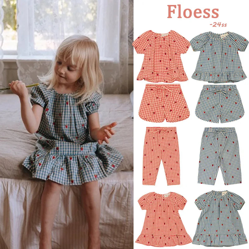 Girls Plaid Strawberry Cotton Dress & Shorts Set | Summer Outfit