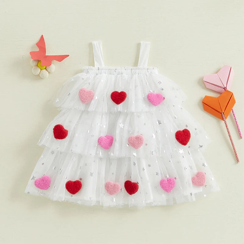1-9Y Cute Kids Girl Tulle Mesh Lace Dress Bow Front Heart Sleeveless Layered Tulle Dress Plush Heart Ball Cake Dress Costume
