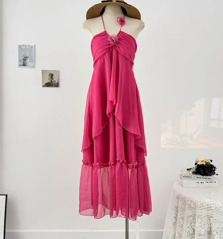 French style three-dimensional flower hanging neck lace-up dress women's summer vacation style sexy backless big swing skirt
