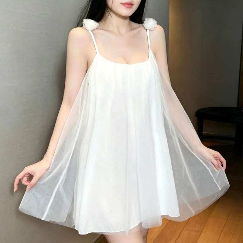 Sweet Cute Women Summer Nightgown Solid Spaghetti Strap Flower Design Sleep Dress Ladies Koran Style New Homewear Loungewear
