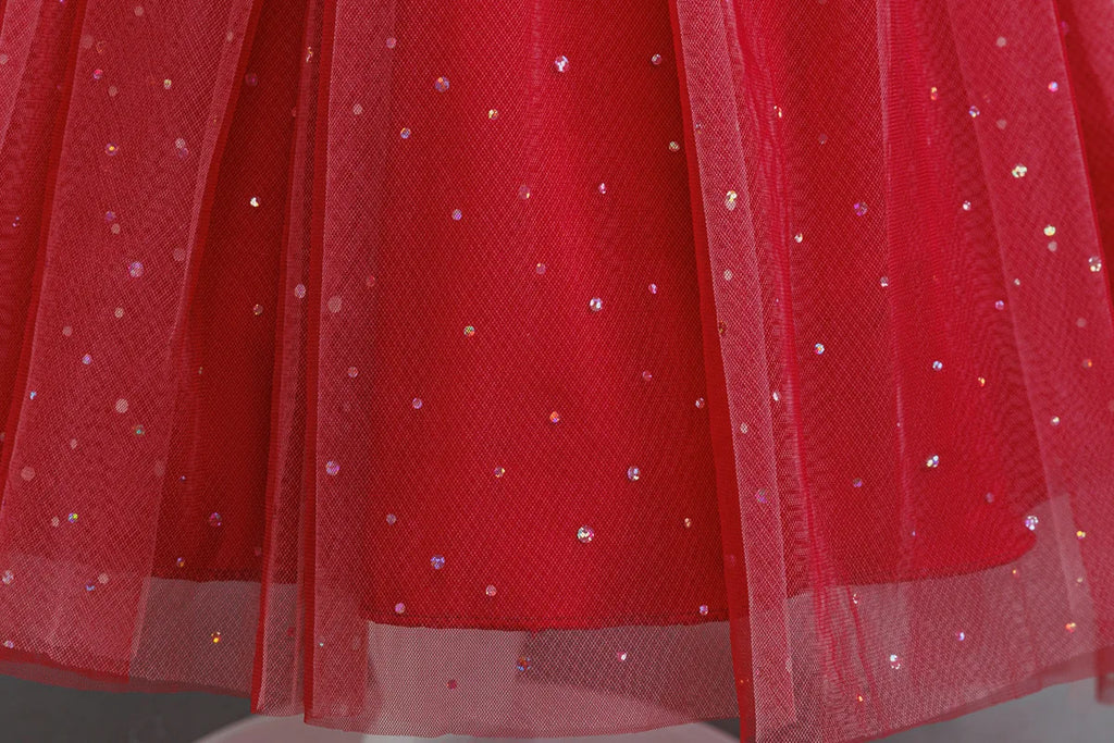 HETISO Princess Dress for Girls Red Christmas Lace Dots Embroidery 3D Flower Formal Party Birthday Gown Kids 2-10 Years