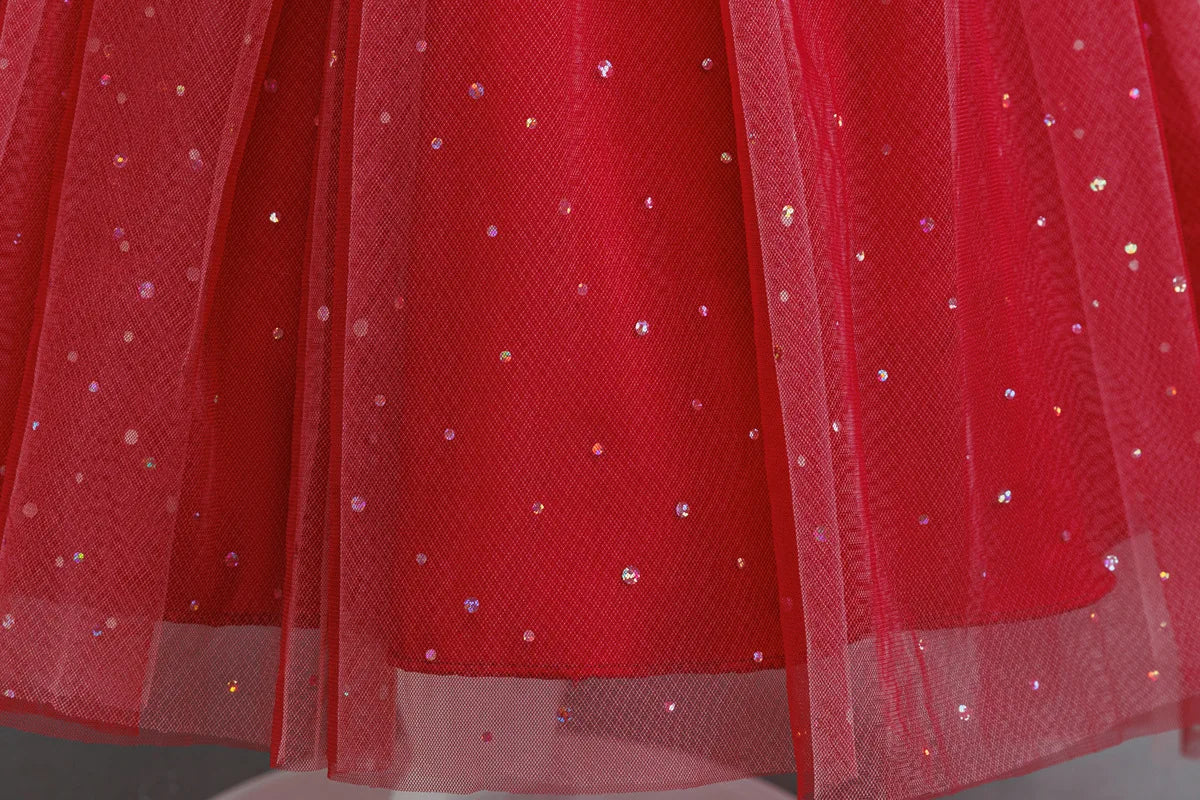 HETISO Princess Dress for Girls Red Christmas Lace Dots Embroidery 3D Flower Formal Party Birthday Gown Kids 2-10 Years