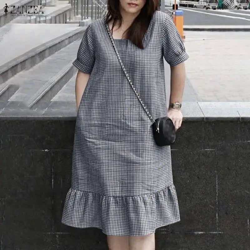 Summer Women's Gingham Knee-Length Dress Suqare Neck Short Puff Sleeve A-Line Ruffled Hem Dresses ZANZEA Daily Casual Robe Femme
