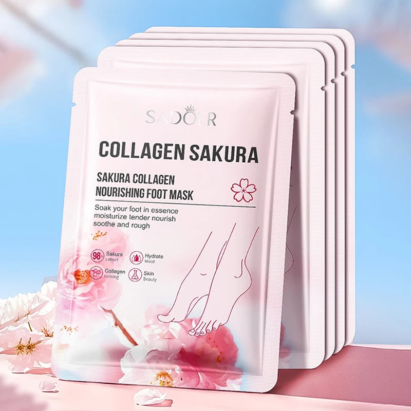 5 Pairs SADOER Collagen Sakura Nourishing Foot Mask Moisturizes Exfoliates And Nourishes Tender Smooth Feet Skin Care Masks