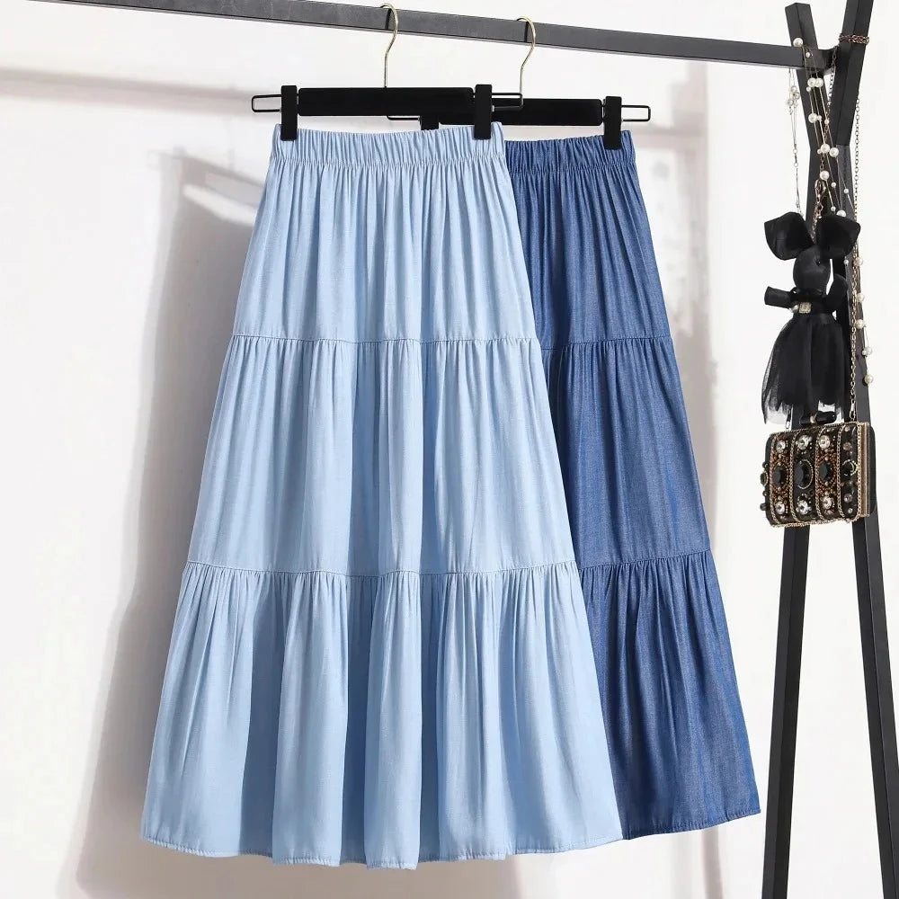 Summer New Casual Vintage Women Skirt Matching Chic Sweet Girl's Cake Skirt Elastic Waist A-Line Mid Length Flare Skirts