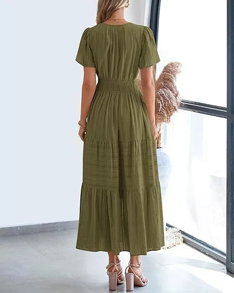 Summer Solid Color V-neck Tight Waist Dress French Style Elegant Pleated Large Swing Long Dress Casual Vacation Style Slimming M