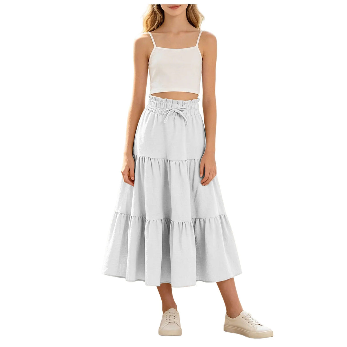 Kids Girls Boho Pleated Long Skirt Summer Solid Elastic Waist Lightweight Large Swing Skirt Casual Beach Holiday Vacation