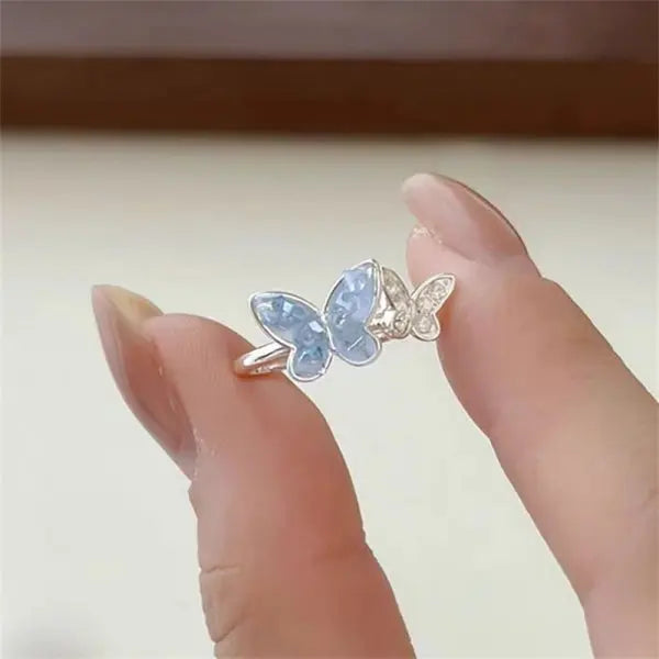 Light Luxury Shiny Zircon Butterfly Bracelet For Women'S Blue Rhinestone Double Butterfly Necklace Earring Set Girls Jewelry