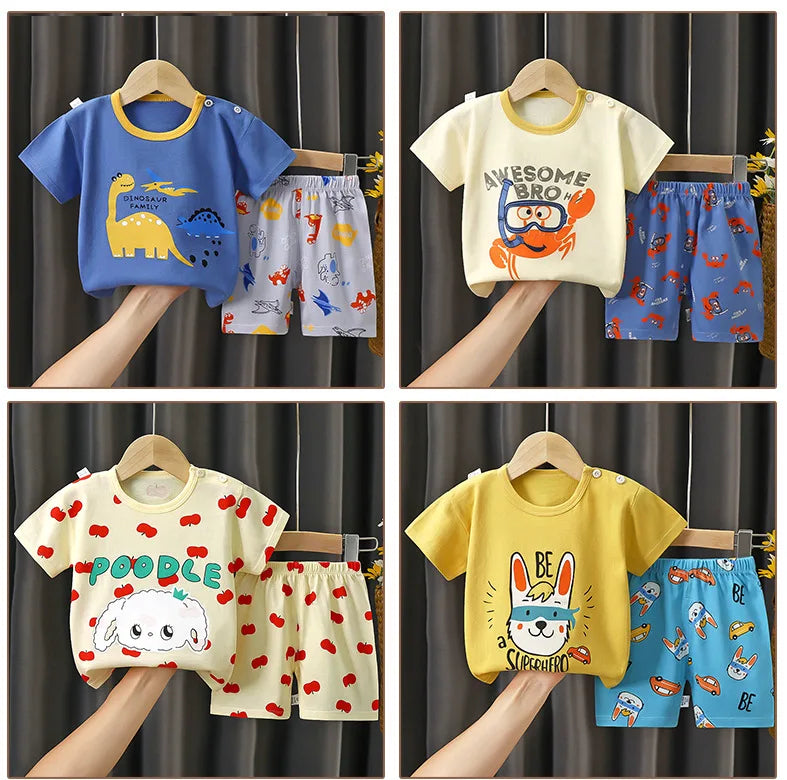 Unisex Children's Cotton Summer Outfit Set - Cartoon Animal Print