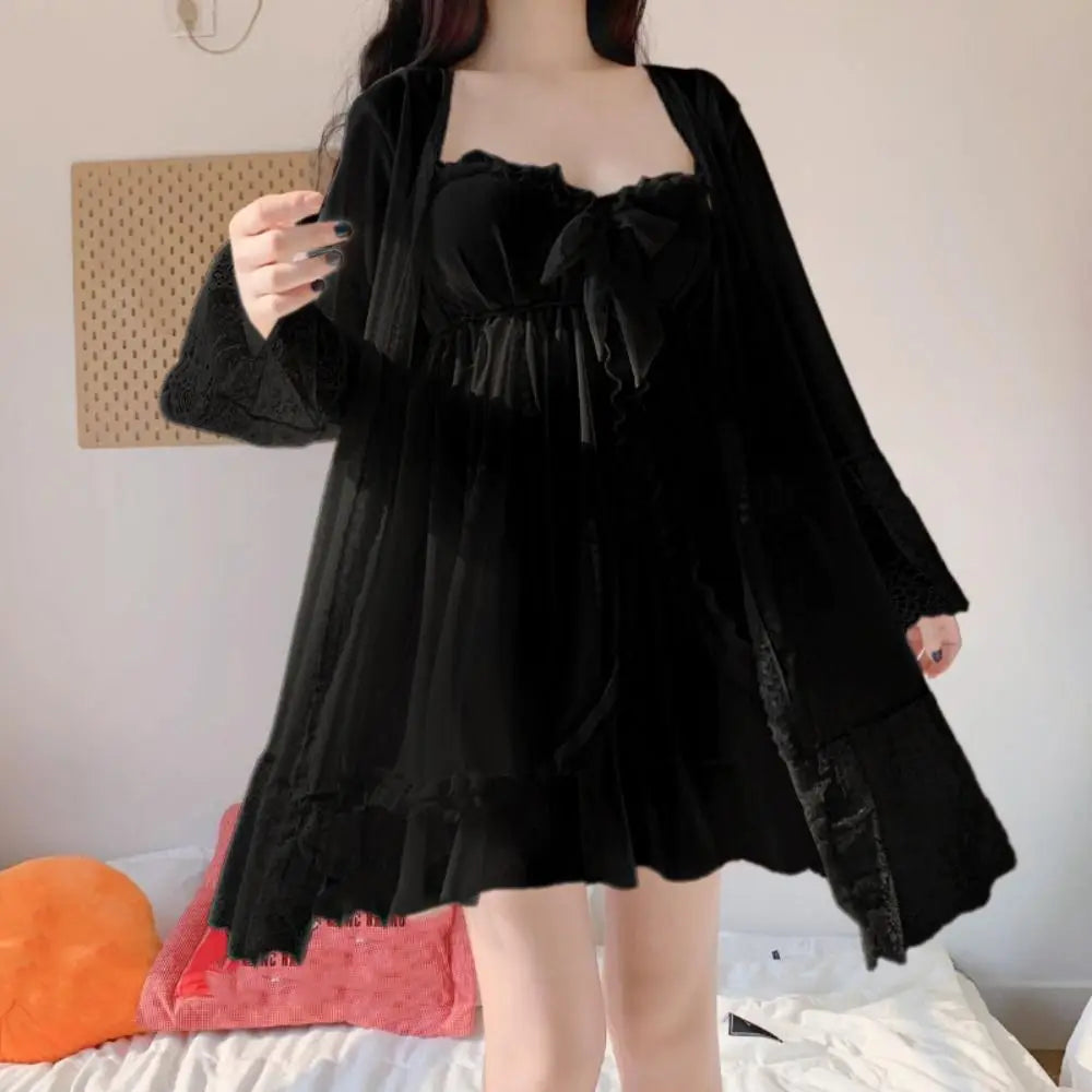 Lace Bowknot Women Pajama Dress Nightgown Sleeveless Homewear Sleeping Dress Robe Set Ruffle Sleepwear Sling Nightgown with Pads
