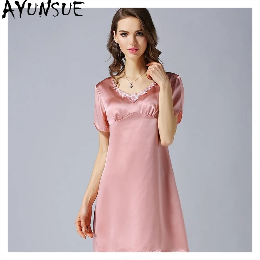 Women's 2023 Spring/Autumn Silk Pajamas 100%Natural Mulberry Silk Short Sleeved Nightdress Noble Silk Home Clothes Pajamas