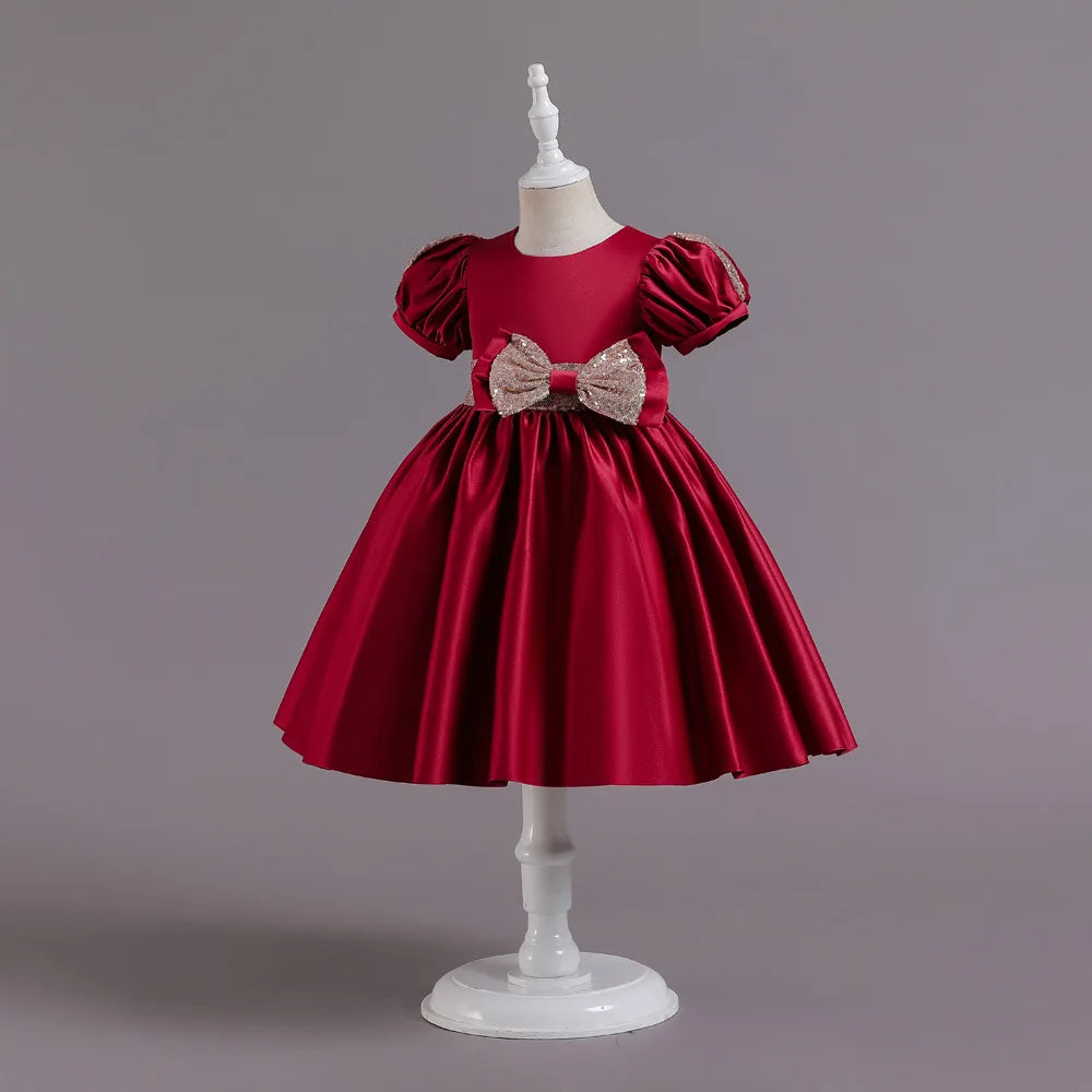 Golden Bow Satin Girls Dress For Weddings Party Children's Pageant Ball Gown Kids Formal Evening Clothing 2-8 10 Years