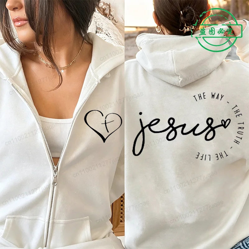 Autumn Fleece Zip Up Hoodie Jesus Print Hooded Sportwear Korean Fashion Sweatshirts Long Sleeve Top Pockets Loose Zip Hoodies
