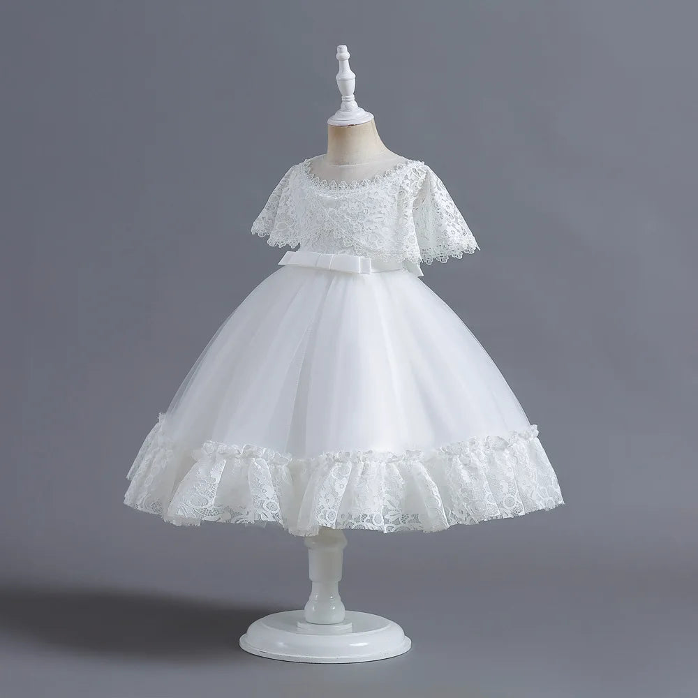 Criss-Cross Lace Girl Bridesmaid Dresses For Christmas White Kid's Party Dress Beading Tulle Children's Ceremony Evening Frocks