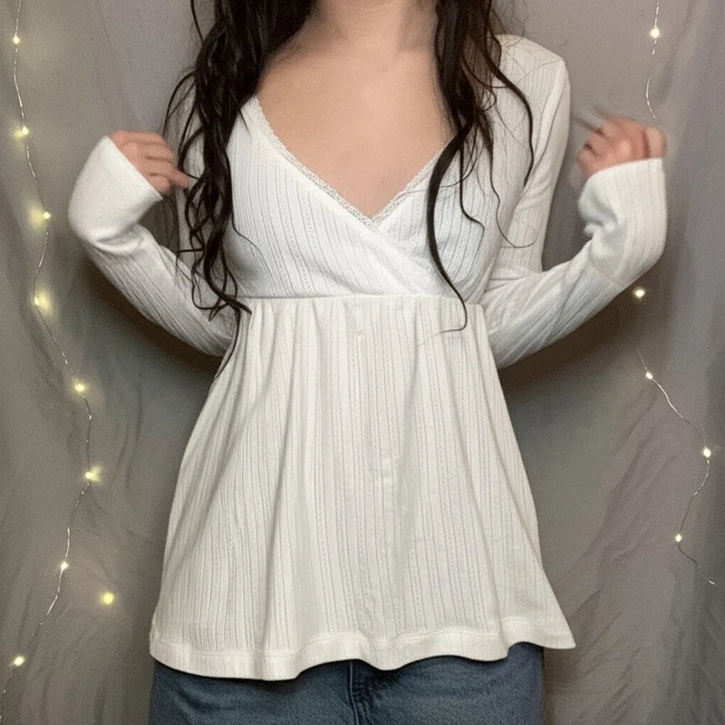 Women Fairy Y2k Cottage T-shirt Coquette V Neck Long Sleeve Babydoll Tees Autumn Spring Casual Pullovers Tops Vintage Clothes