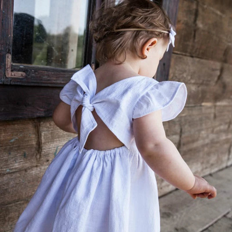 Kids Tales Essentials Baby Girls Dress Flying Sleeve Ruffles Cotton Backless Linen Newborn Infant Princess Dress Party Dresses