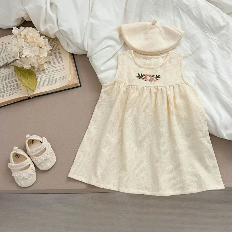 Girls Birthday Party Sisters Outfits Summer Green Apricot Floral Embroidery Sleeveless Bodysuit Vest Dress Baby Clothes H037