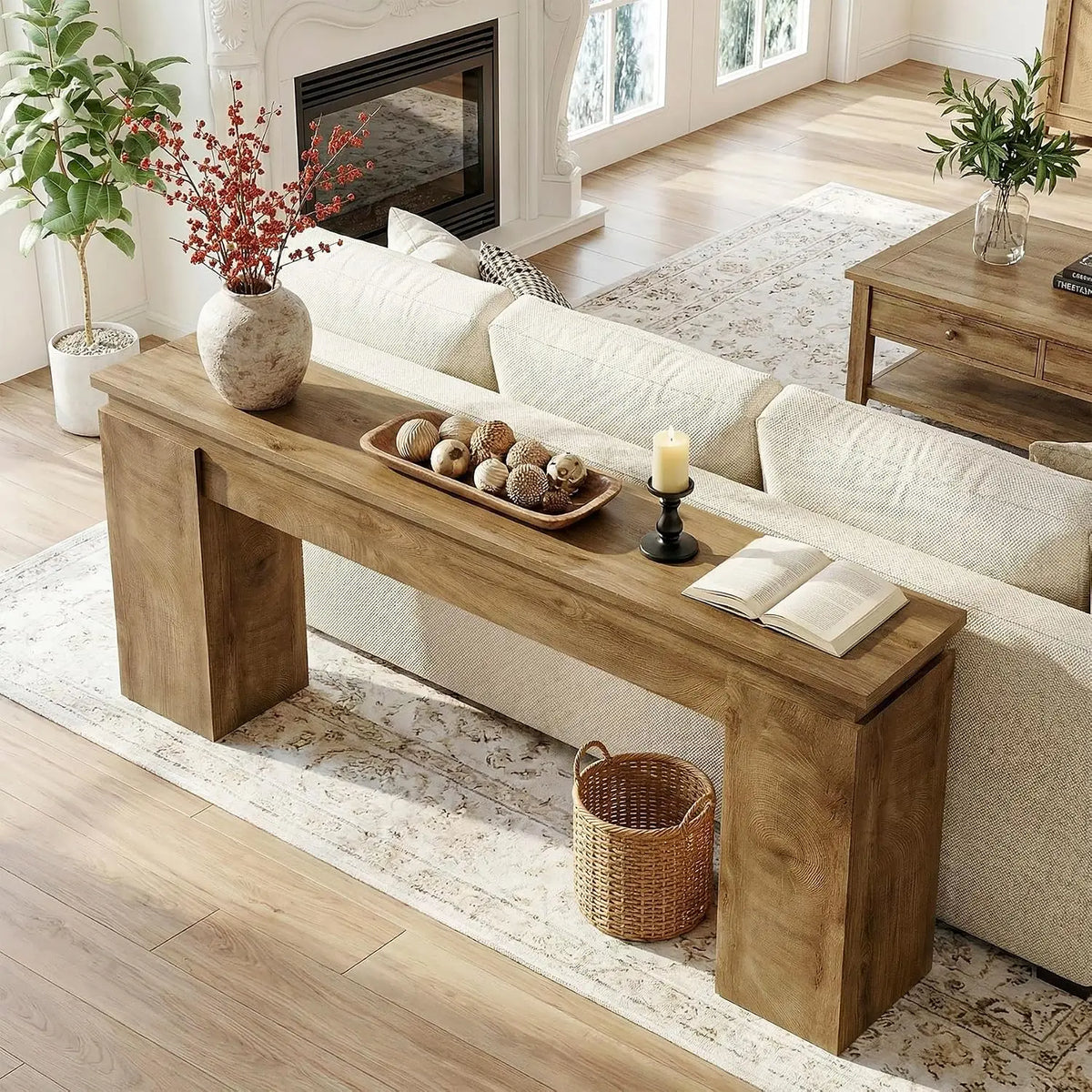 63-Inch Console Sofa Table, Farmhouse Rustic Entryway Table with Open Storage for Living Room & Hallway, Natural Oak, Customized