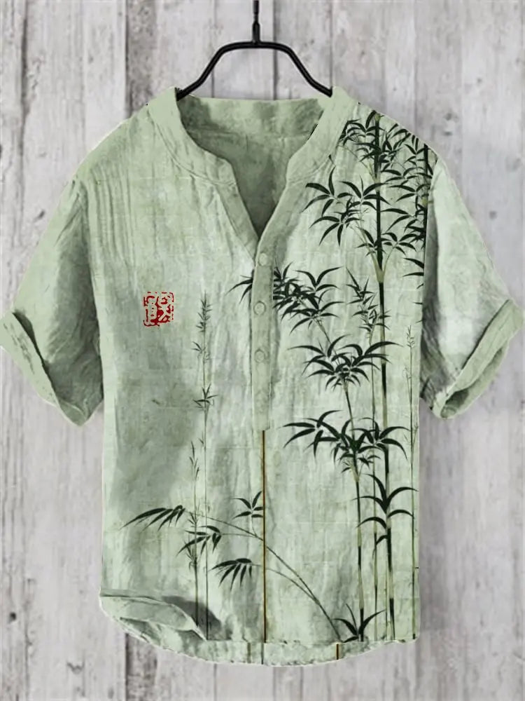 Men's New Linen Blended Shirt Japanese Samurai Comfortable Casual Top Retro Printed Men's Clothing