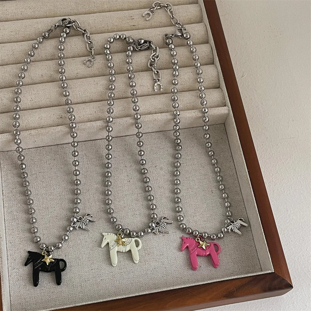 Lats White Black Green Blue Pink Color Enamel Colt Horse Pendant Necklaces For Women'S Silver Plated Alloy Beads Chain Chokers