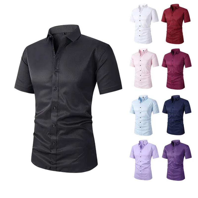 Men's Long Sleeved Slim Fit Elastic Shirt and Non Ironing Black Shirt Men's Solid Color Versatile Business Inch Men's Clothing