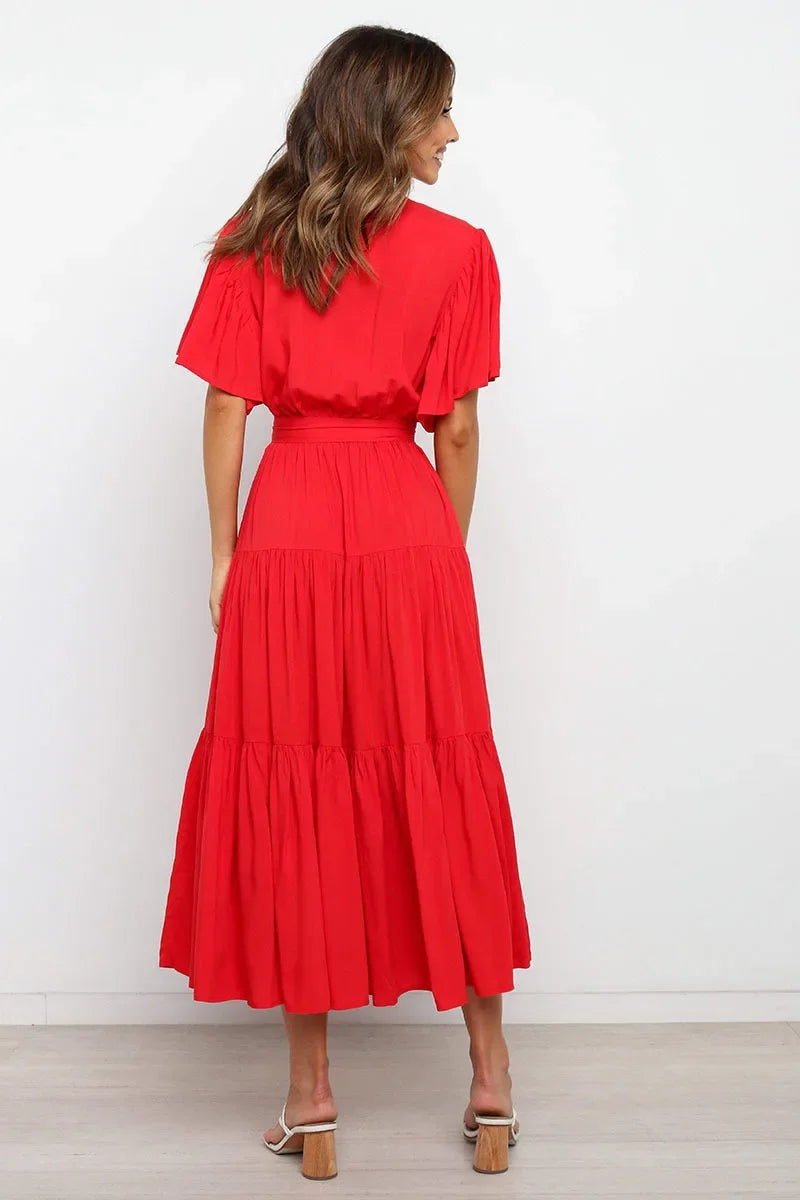 Summer Bohemian Long Dress Pure Color V-Neck Short Sleeve Empire Waist Design Floor Length with Belt Loose Fit Women's Dress