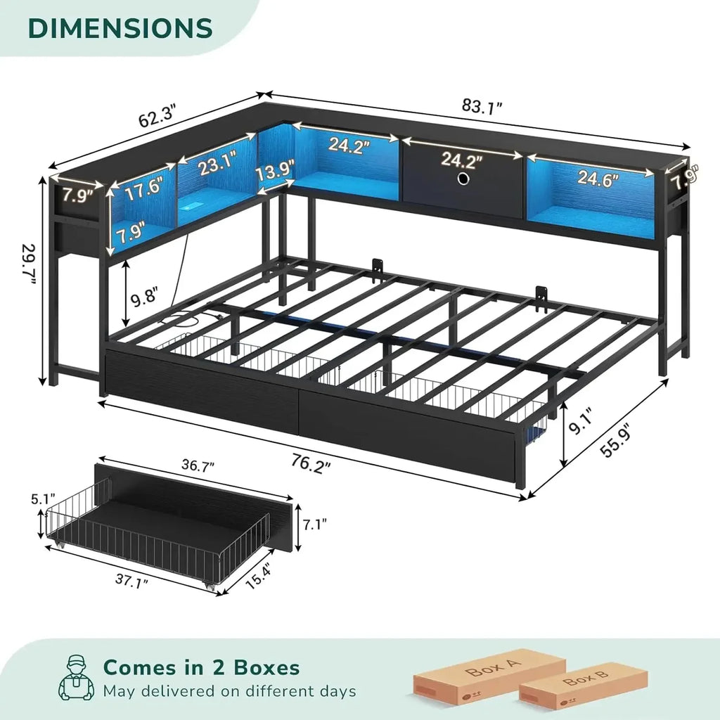 Full Size Daybed Bed Frame Metal Platform Corner Bookcase Headboard Storage Drawers Charging Station Led Lights Kids Teens Guest