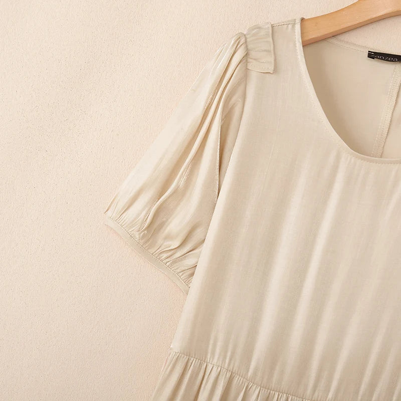 Fashion Summer Sundress ZANZEA Women Casual Short Sleeve O Neck Dresses 2026 Eleagnt Solid OL Work Dress Holiday Pleated Vestido