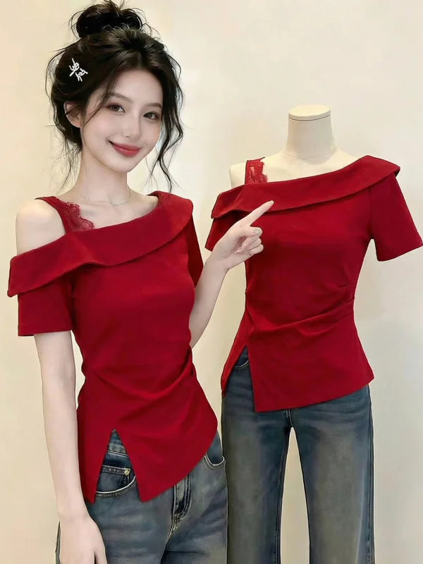 Red Asymmetrical Single Shoulder Short Sleeve T-Shirt Women's Summer New Style plus Size Fashionable Youthful Korean Version