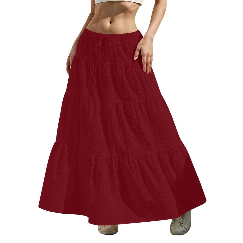 Women's Flared Ruffle Hem Maxi Skirt Fashion Women Solid Long Skirts Elastic Waist Elegant Long Skirt Spring Summer Cake Dress