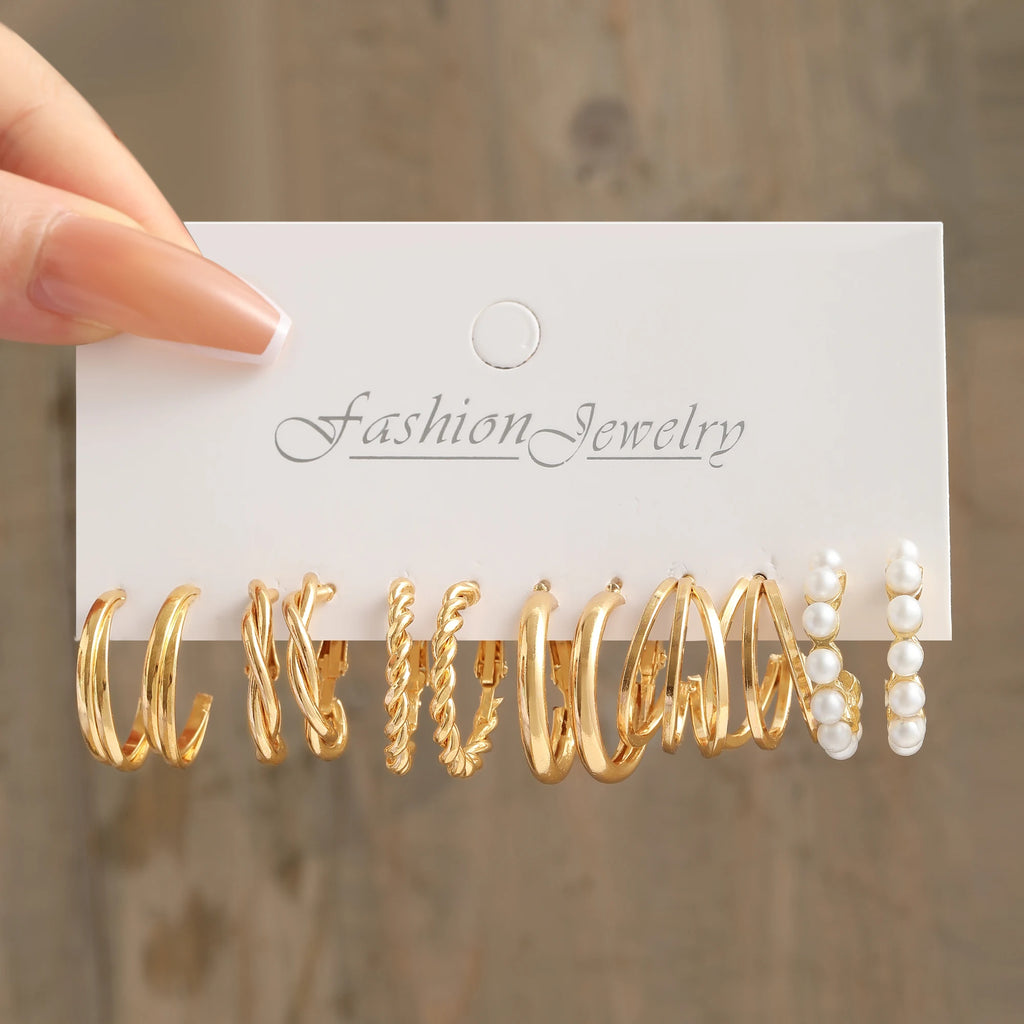 Heart Pearl Dangle Earrings Set Metal Gold Color Butterfly Locks Earrings For Women'S Shell Trendy Jewelry Hoop Earrings 2024