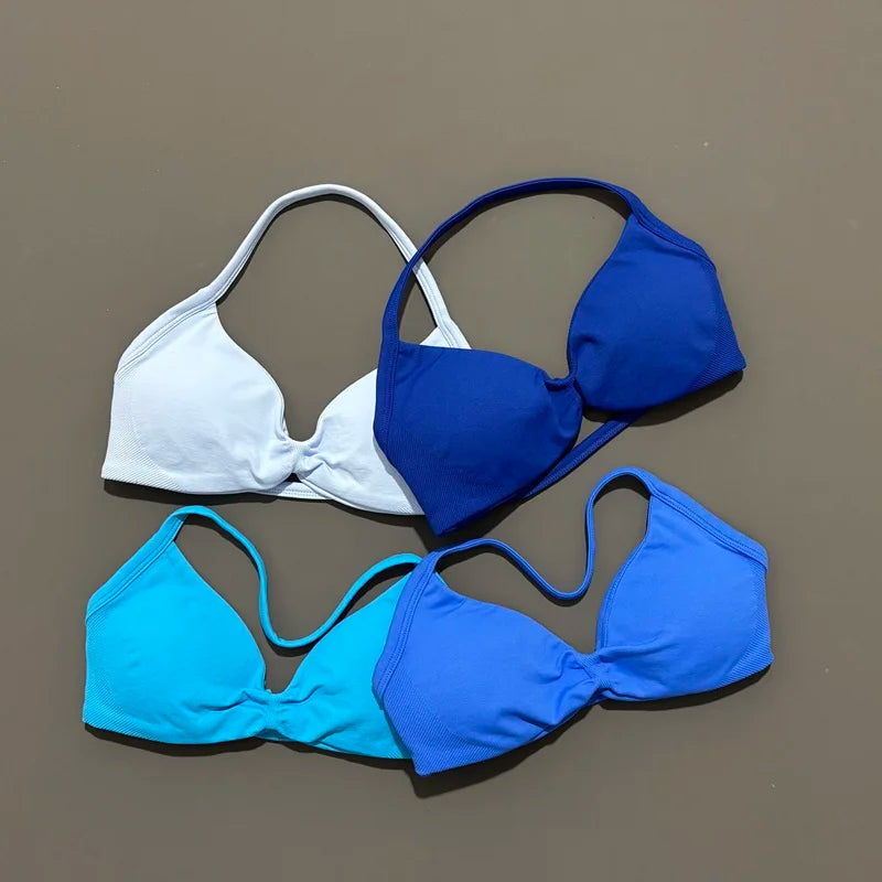 Histello Sports Strappy Bra Women Yoga Tank Bra Seamless High Support Fitness Workout Top Running Exercise Halter Gym Bras