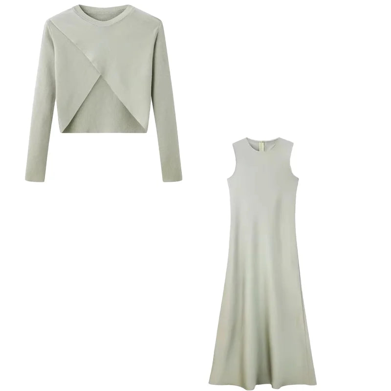 Silk Satin Maxi Dress & Knit Top Set