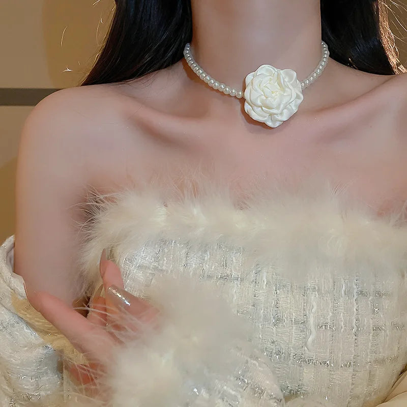 Jewelry Set For Women With Fabric Flowers Necklace Bracelet Earrings Four Pcs Elegant French Retro Style