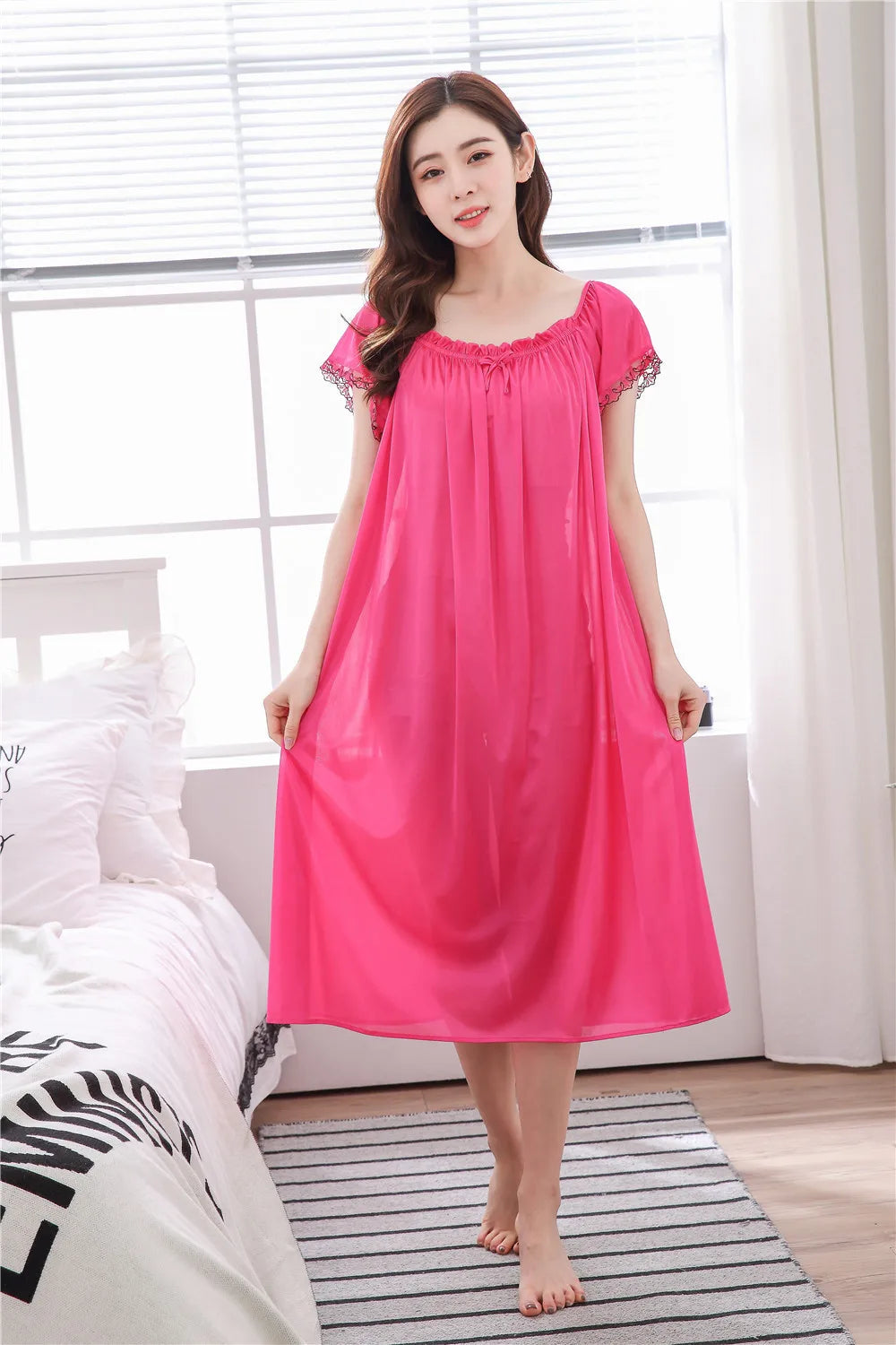 2026 New Women's Summer Imitation Silk Sleeping Skirt Multi Colored Short Sleeved Home Clothes Ice Silk Pajama Dress