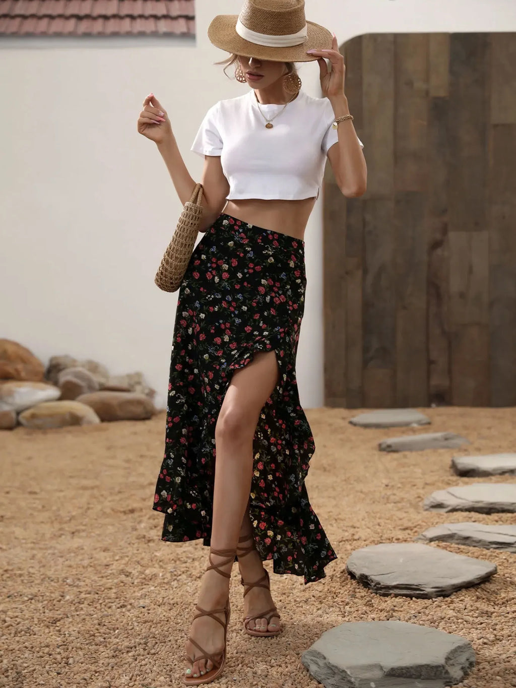 Ladies Floral High Waist Asymmetrical Hem Mid-Length Split Skirt Casual Holiday Fashion Spring Summer Polyester Fabric Elegan...
