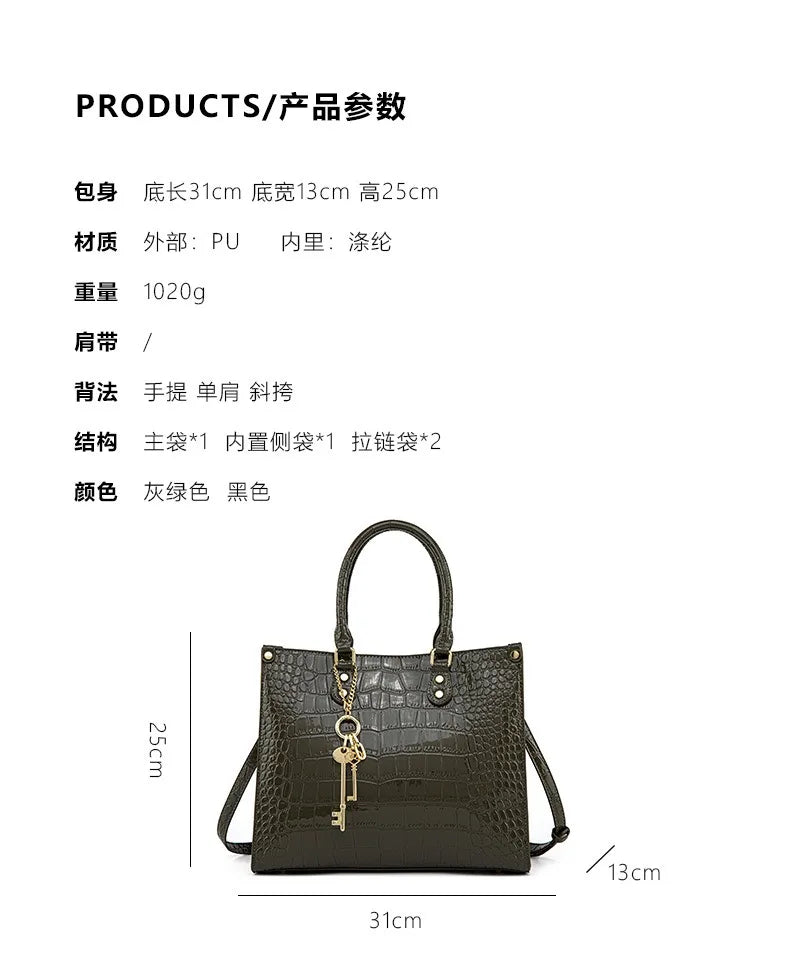 Shiny Crocodile Pattern Top-Handle Bag Women Glossy Patent Crossbody Shoulder Bag Elegant Tote Satchel with Key Pendant