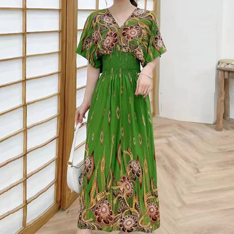 Summer New Casual Elegant Retro Bohemian Style V-neck Elastic Waist Large Swing Printed Long Skirt Autumn Summer Dress