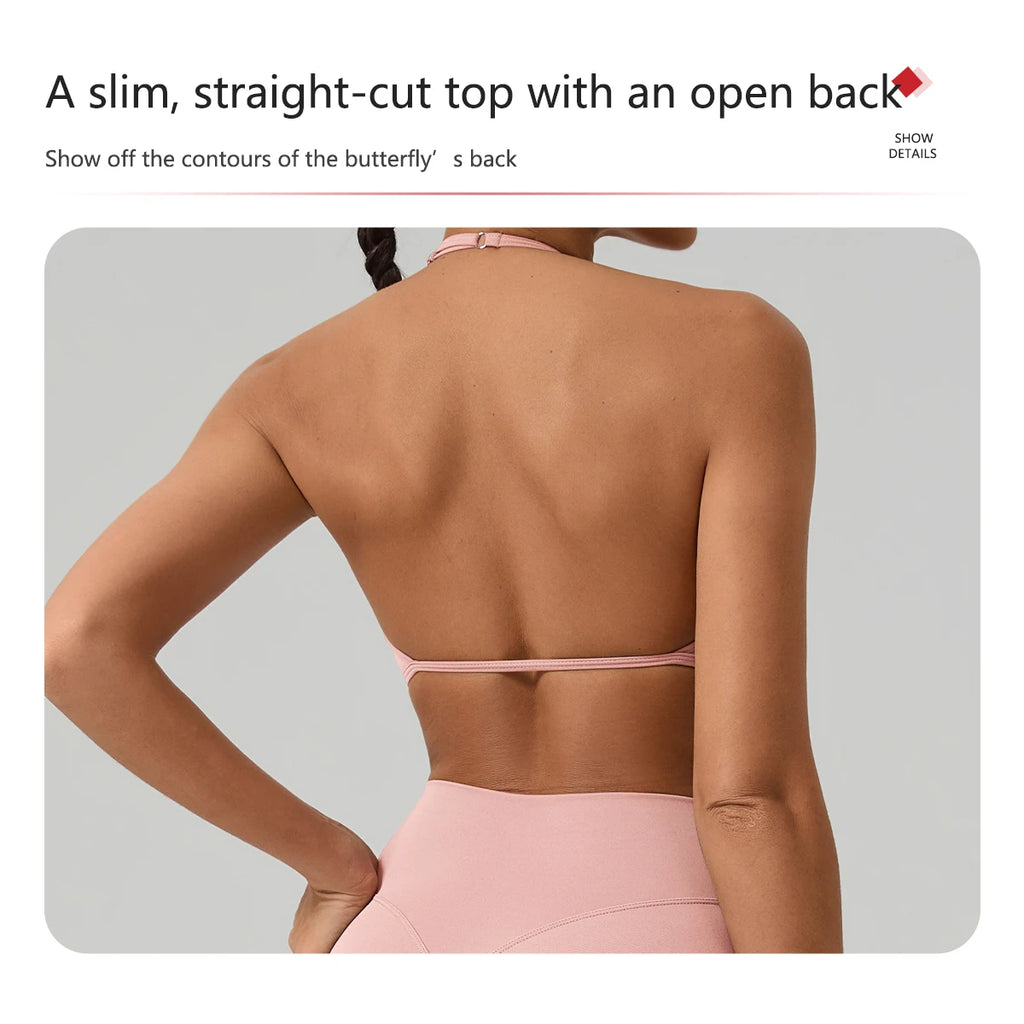 Women's Summer Halter Neck Padded Sports Yoga Bra Shock Absorption Support Backless Crop Top for Outdoor Running And Gym
