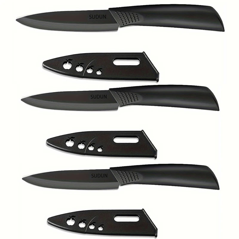 Cuchillo de cocina 1/3/6 Juego de cuchillos de cocina Cuchillo de fruta de acero inoxidable de 4 pulgadas con funda Cuchillo de mango de plástico de hoja fija negro